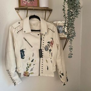 NWT Embroidered and Studded Vegan Leather Jacket